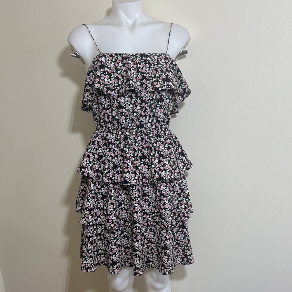 Mattox Floral Tiered Ruffle Mini Dress – Black/Pink – Size 6